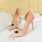 Breakj Banquet Ultra High Heel Shallow Pointed Tip Side Hollow West Shi Suede High Heel