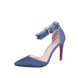 Denim Jeans Pumps High Thin Heels Blue Shallow Buckle Ankle Strap Pointed Toe Female Sandal Sexy Party Dress Tacones