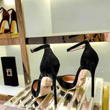 Summer New One-Word Buckle Single Shoes Women's Fashion Suede Pointed High Heels French Design Cool