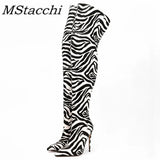 2024 New Women Over The Knee High Heels Boots Sexy Ladies Zebra Style Pointed Toe Stiletto Heels Long Botas