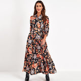 Vintage Floral Print Maxi Dress Women Boho Three Quarter Sleeve Long Dress Turn Down Collar Casual Shirt Dresses