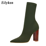 Comfort Stretch Women Sock Boots Square High Heel Ankle Boots Fashion Pointed Toe Fall Stretch Shoes Black Big Size