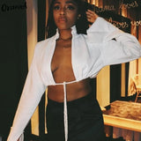 fashion v-neck fashion drawstring bandage y2k tops casual Turtleneck fashion harajuku streetwear split long sleeve