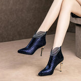 Pattern Embossed Leather Boots Woman Ankle Boots Plating Heel Rhinestone Women's Winter Shoes 2020 Female Footware