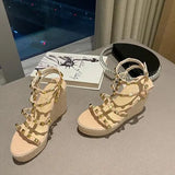 Sandals Woman Leather Suit Female Beige High Heels Shoes Muffins shoe Clogs Wedge Open Toe Low-heeled Studded Black