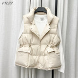 Winter Single Breasted Light Down Short Vest Jacket Women White Duck Down Coat Waist Retractable Pocket Sleeveless