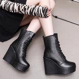 Breakj Head 12Cm High Slope And Waterproof Table Mid-Sleevel Boots With Side Zipper Women's Boots Pine Cake Plus Velvet Winter Warm Leather
