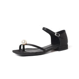 Women Sandals 2023 Summer Shoes Female Square Toe Flat Heels Slides Fashion Pearl Slide Clip Toe Sliver Flip Flops