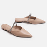 Leather Rhinestone Belt Sandals Woman Pointed Toe Slippers Flat Low Heels Mules Ladies Casual Slides Home&Outside