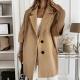 Solid Color Lapel Thick Coat Fall Winter Fashion Mid-length Buttons Cardigan Coat Elegant Office Lady Warm New Loose