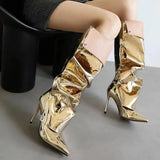 Breakj New High Heel Pointed Metal Rivet Jeans Splicing Two Wear Pile And Knee Boots Large Size Women's