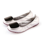Women Foldable Ballet Flats Soft Square Toe Square Buckle Comfortable Slip on Flat Ballerinas Shoes Woman PU Leather