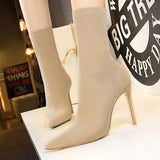 Autumn Fashion Women Boots Slip-on Elegant Beige Pointed Toe Elastic Ankle Boots Simplicity Heels Shoes Female Socks