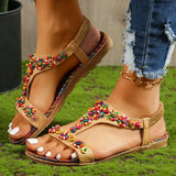 Beaded Flowers Flat Heeled Sandals Women Summer 2023 Plus Size Open Toe Bohemian Sandals Woman Elastic Strap Rome