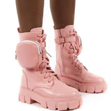 2020 Autumn Winter Bootie Pocket Buckle Strap Pink Chunky Boots Leather Patchwork Arrival Platform Boots Mid-calf