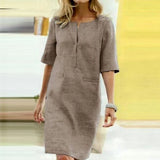 2020 Winter Autumn Button Cotton Linen Dress women Elegant O-Neck Knee length Long Sleeve Pocket Solid Dress Plus Size
