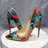 Floral Snakeskin Pattern Women Pointy Toe High Heel Shoes Sexy Designer Slip On Stiletto Pumps for Party Dress