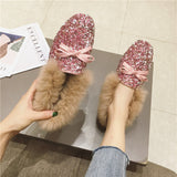 big size rabbit fur winter flat shoes woman silver/pink glitter fluffy flats crystal bowtie moccasins female fur loafers