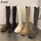 Winter Platform Women Long Boot Fashion Thick Sole Flats Heels Round Toe Knee High Boot Back Zipper knight