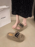 Celebrity Muffin Thick Bottom Letter Wool Slippers Women Wear 2024 Winter New Style Lamb Wool Cotton