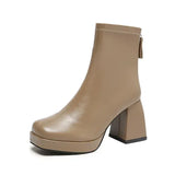 Women Ankle Boots Square High Heel Ladies Short Boots Woman Fashion PU Leather Round Toe Platform Boots Female