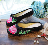 Breakj Retro Plate Buckle Decoration Peony Embroidered Canvas Summer Color Cool Slippers