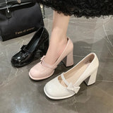 2024 New Bow Buckle Belt Single Shoes Sweet Vintage French Pink Thick High Heels Mary Jane Shoes