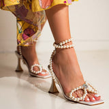 Pearls Rhinestones Bowknot Women Sandals Elegant High heels Ankle Strap Gladiator Sandals Summer Wedding Bridal
