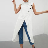 Celmia Asymmetrical Long Shirts Women 2022 Summer Sleeveless Sexy Buttons Tops Casual Loose Split Hem Chic Thin