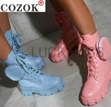 Autumn Winter Bootie Pocket Buckle Strap Pink Chunky Sole Pouch Ankle Boots Shiny Leather Patchwork Arrival Platform