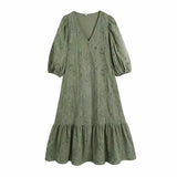 Women Hollow Embroidery Lantern Sleeve Midi Dress Female V Neck Clothes Casual Lady Loose Vestido
