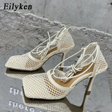 Sexy Green Mesh Pumps Sandals Female Square Toe high heel Lace Up Cross-tied Stiletto hollow Dress shoes size