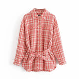 Women Fashion Sashes Plaid Tweed Jacket Stylish Chic Red Button-up Coats Girls Chic Outerwear Casual