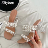 New Transparent PVC String Bead Shoes Woman Fashion Open Toe Slippers Crystal Perspex Heels Slides Beach Sandale