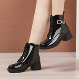 Leather English Style Rough Heel Martin Boots 2023 New Autumn And Winter Lacquered Leather Spring And Autumn Single Boots With Velvet Cotton