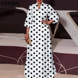 Elegant Holiday Maxi Long Dress 2022 VONDA Women Vintage Polka Dot V Neck Long Maxi Dress Casual Puff Sleeve Vestido