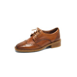 Retro Flat Shoes Woman Cow Leather Female Flats Lace-Up Brogue Shoes For Women With Low Heel British Style