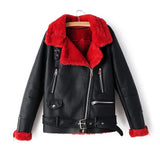 Winter Fleece Faux Leather Jackets Fashion Motorcycle Women Red Thick Warm Suede Jacket Female Flocking