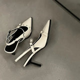 Women's Silver Buckle Slingback High Heels Pointed 2024 Summer Thin Heel Leather Shoes for Woman Elegant Party Mary Jane