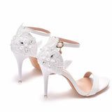 Breakj Cm Light Mouth With White Sandals Fine Heel Exposed Toe Large-Size Sandals Beaded Flowers Wedding Banquet