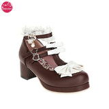 Lolita Shoes Women Low Round with T Straps White Bow Cute Girls Princess Tea Party Shoes Students Lovely Pumps Size