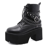 2021 Gothic Black Ankle Boots For Women Plus High Heel Female Shoes Lace-Up Nigh Club Black Sexy Rivets Chain Short