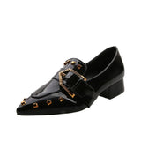 Spring New Women Pointed Toe Rivet Thick Heels Loafer Retro British Style Belt Buckle Slip on Chunky High Heels Women