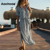 Turn Down Collar Office Ladies Stripe Shirt Dress Long Boho Beach Dress Casual Long Sleeve Elegant Party Dress