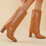 Fold Knee Women High Heel Boots Shark Lock Women Wedge Heel Boots Pointed Toe Big Size Long Boots Chaussures 2022