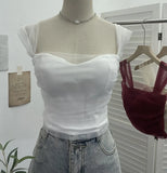 Real-Spat Thai-Style Small Design Mesh Yarn Draw-Folded Breast Sling Sling With Bra Cushion Short Sleeveless Top