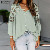 Bohemian Lace Patchwork Tops Women Spring Blouses ZANZEA 2022 Casual Flare Sleeve Blusas Female V-Neck Blusas
