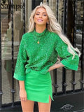 Elegant Y2K Vintage Chic Women Green Oversized Sequins T Shirt Tops 2022 New Year Spring Casual Party Blouse
