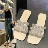 Breakj Flat-Bottomed Slippers Women 2025 Summer New Diamond Pearl Decoration Large-Size Women Cold