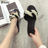 Summer Women Trend Weaving Pearl Flip Flop Sandals Girls Beach Open Toed Luxury Designer Casual Soft Flats